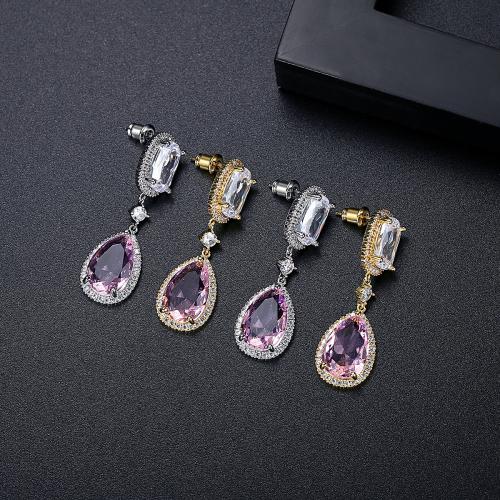 Messing Drop Earring, Teardrop, forgyldt, Micro Pave cubic zirconia & for kvinde, flere farver til valg, 13.30x42.60mm, Solgt af par