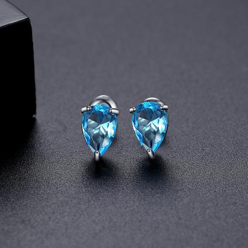 Messing Stud Earring, Teardrop, platineret, for kvinde & med cubic zirconia, 6.50x9.60mm, Solgt af par