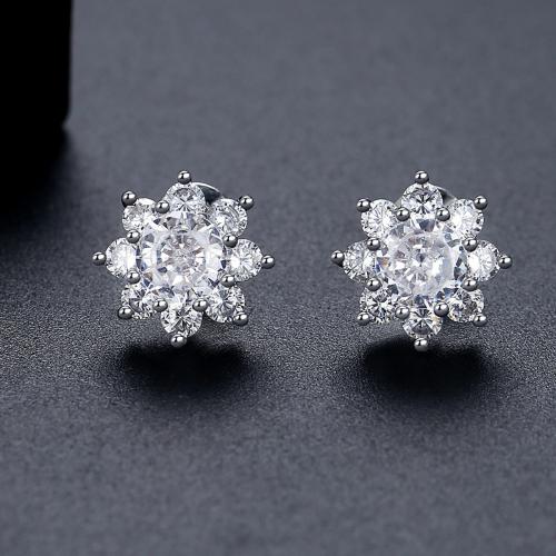 Messing Stud Earring, Snowflake, platineret, Micro Pave cubic zirconia & for kvinde, 10.80x10.80mm, Solgt af par