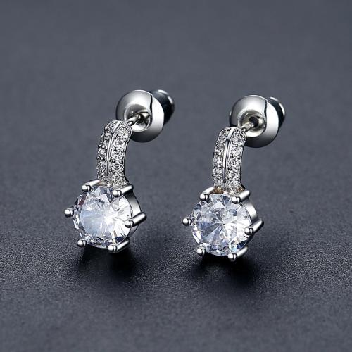 Messing Stud Earring, Geometrisk mønster, platineret, Micro Pave cubic zirconia & for kvinde, 7.32x12.50mm, Solgt af par