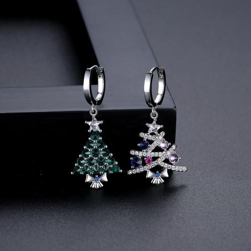 metal Pendientes asimétricos, Árbol de Navidad, chapado en platina real, Joyas de Navidad & micro arcilla de zirconia cúbica & para mujer, 14.60x34.60mm, Vendido por Par