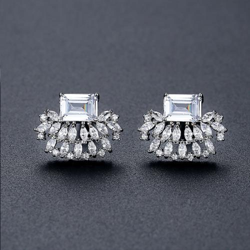 Messing Stud Earring, Geometrisch Patroon, geplatineerd, micro pave zirconia & voor vrouw, 16.54x12.60mm, Verkocht door pair