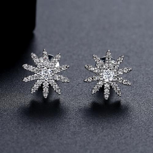 Messing Stud Earring, Flower, platineret, Micro Pave cubic zirconia & for kvinde, 10.10x10.10mm, Solgt af par