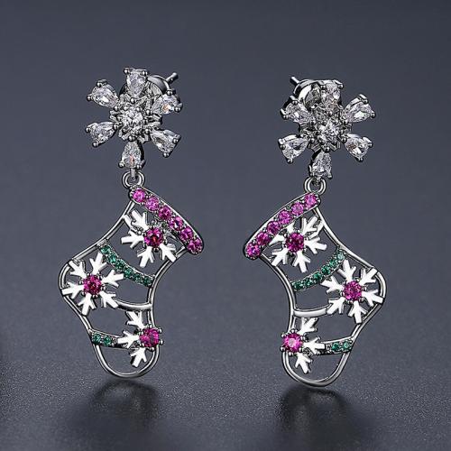 Brass Drop Earring Christmas Sock platinum plated Christmas jewelry & micro pave cubic zirconia & for woman & hollow Sold By Pair