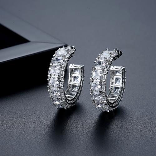 Messing Stud Earring, Letter C, geplatineerd, micro pave zirconia & voor vrouw, 8.30x32.50mm, Verkocht door pair