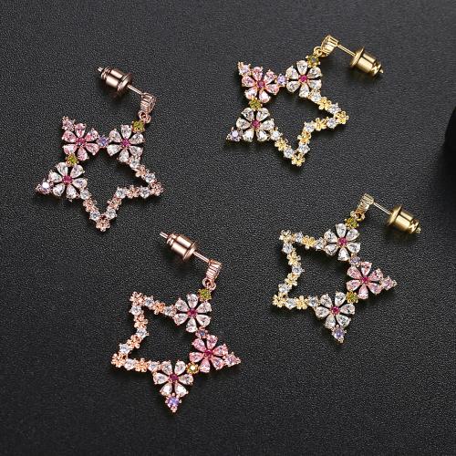 Brass Drop Earring Star plated micro pave cubic zirconia & for woman & hollow Sold By Pair