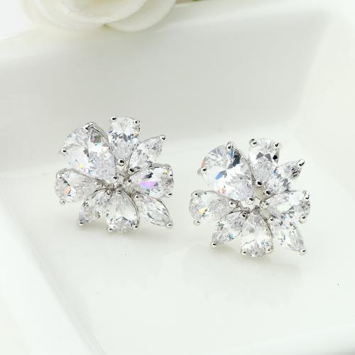 Brass Stud Earring Flower platinum plated micro pave cubic zirconia & for woman Sold By Pair