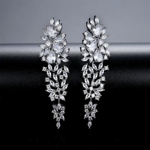 Brass Drop Earring platinum plated micro pave cubic zirconia & for woman 60.60mm Sold By Pair