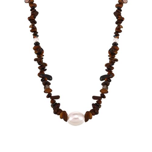 Natural Gemstone Necklace Tiger Eye with Shell Pearl & 304 Stainless Steel with 5cm extender chain fashion jewelry & for woman Length Approx 43 cm Sold By PC