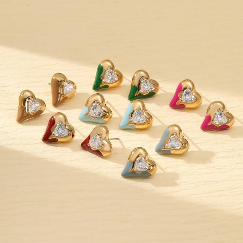 Stainless Steel Stud Øreringe, 304 rustfrit stål, med Cubic Zirconia, Heart, mode smykker & for kvinde & emalje, flere farver til valg, 14x15mm, Solgt af par