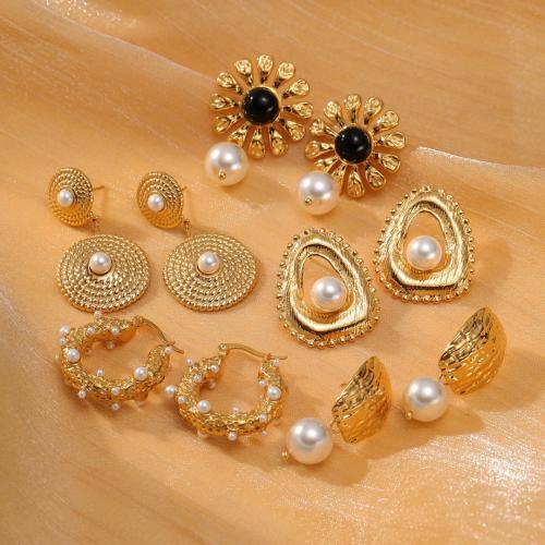 Roestvrij staal Stud Earrings, 304 roestvrij staal, met Plastic Pearl, mode sieraden & verschillende stijlen voor de keuze & voor vrouw, gouden, Verkocht door pair