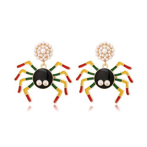 Zinc Alloy Drop Earring with Plastic Pearl Spider gold color plated Halloween Jewelry Gift & for woman & enamel multi-colored nickel lead & cadmium free Sold By Pair