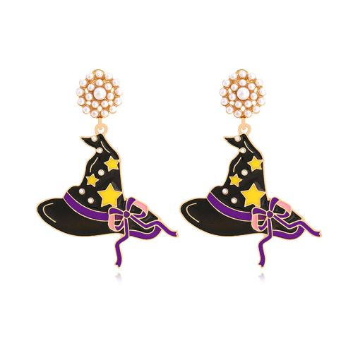 Zinc Alloy Drop Earring with Plastic Pearl Hat gold color plated Halloween Jewelry Gift & for woman & enamel nickel lead & cadmium free Sold By Pair