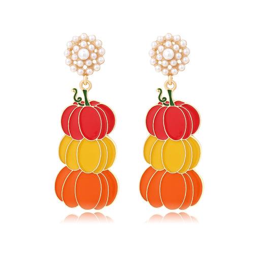 Zinc Alloy Drop Earring, med Plastic Pearl, Græskar, guldfarve belagt, Halloween smykker gave & for kvinde & emalje, nikkel, bly & cadmium fri, 23x62mm, Solgt af par