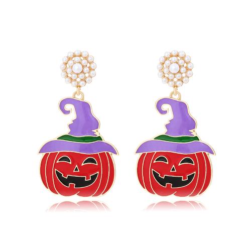 Zinc Alloy Drop Earring with Plastic Pearl Pumpkin gold color plated Halloween Jewelry Gift & for woman & enamel nickel lead & cadmium free Sold By Pair