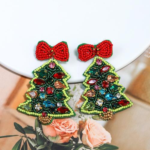 Christmas Earrings Resin with Seedbead Christmas Tree gold color plated Christmas Design & for woman & with rhinestone green nickel lead & cadmium free Sold By Pair