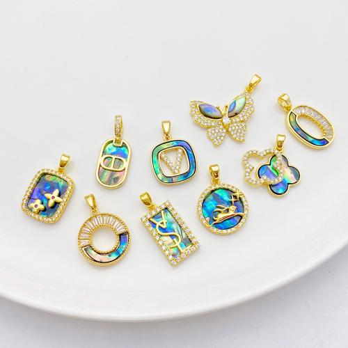 Terningformet Zirkon Micro Pave Messing vedhæng, med Abalone Shell, forgyldt, du kan DIY & forskellige stilarter for valg & Micro Pave cubic zirconia, guld, Solgt af PC