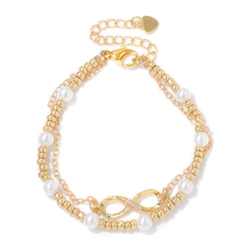 Zinc Alloy Bracelet with Plastic Pearl handmade micro pave cubic zirconia & for woman golden Length Approx 18 cm Sold By PC