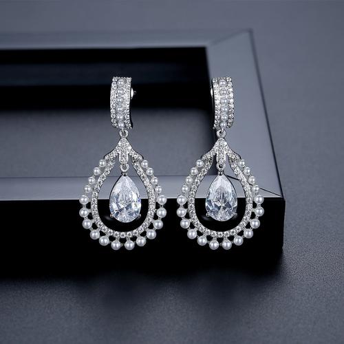 Brass Drop Earring with Plastic Pearl Teardrop platinum plated micro pave cubic zirconia & for woman & hollow Sold By Pair