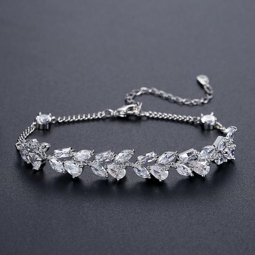 Messing Armbånd, med 2inch extender kæde, platineret, Micro Pave cubic zirconia & for kvinde, Længde Ca. 6.7 inch, Solgt af PC