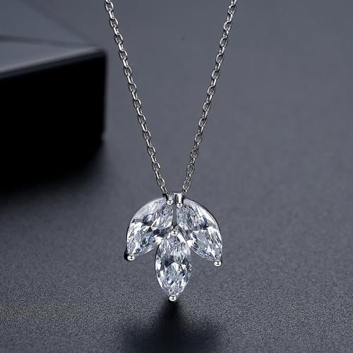 Brass Necklace with 2inch extender chain Leaf platinum plated oval chain & micro pave cubic zirconia & for woman Length Approx 15.7 Inch Sold By PC