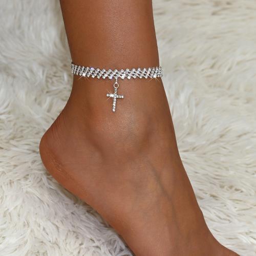 Mässing anklet, med 2.4inch extender kedja, Cross, plated, för kvinna & med strass, silver, Längd Ca 9 inch, Säljs av PC