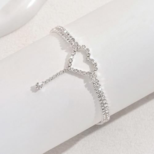 metal pulsera tobillera, con 2.4inch extender cadena, Corazón, chapado en color de plata, para mujer & con diamantes de imitación & hueco, longitud aproximado 8.7 Inch, Vendido por UD