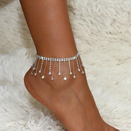 Mässing anklet, med 2.4inch extender kedja, Tassel, silver pläterad, för kvinna & med strass, Längd Ca 7.9 inch, Säljs av PC