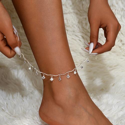 Brass Anklet with 2.4inch extender chain Geometrical Pattern silver color plated for woman & with rhinestone Length Approx 8.7 Inch Sold By PC