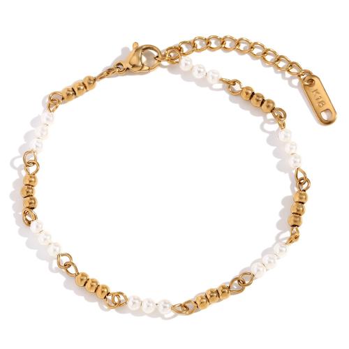 Roestvrij staal armbanden, 304 roestvrij staal, met Plastic Pearl, met 5cm extender keten, 18K verguld, mode sieraden & voor vrouw, gouden, Lengte Ca 17 cm, Verkocht door PC