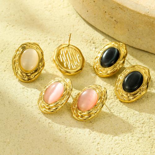 Stainless Steel Stud Earrings 304 Stainless Steel with Natural Stone fashion jewelry & for woman golden Sold By Pair