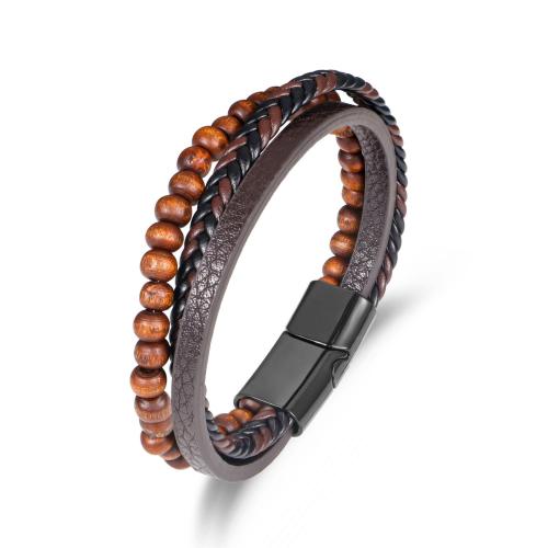 PU leder koord armbanden, met Hout & Zinc Alloy, lood zwarte kleur vergulde, mode sieraden & voor de mens, bruin, Lengte 19 cm, Verkocht door PC