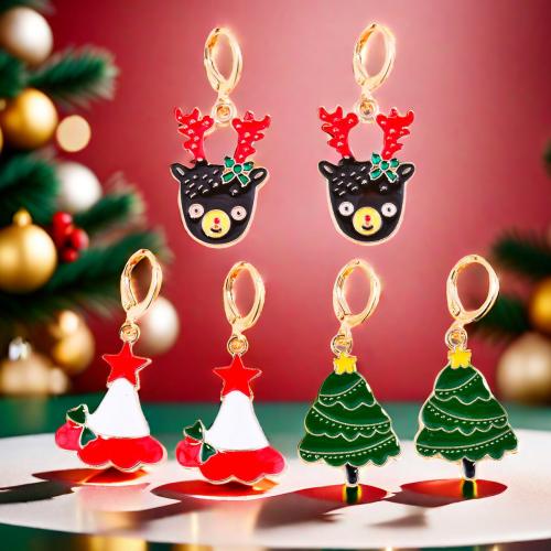 Pendientes de Navidad, aleación de zinc, chapado en color dorado, Diferente forma para la elección & Diseño de Navidad & para mujer & esmalte, más colores para la opción, libre de níquel, plomo & cadmio, Vendido por Par