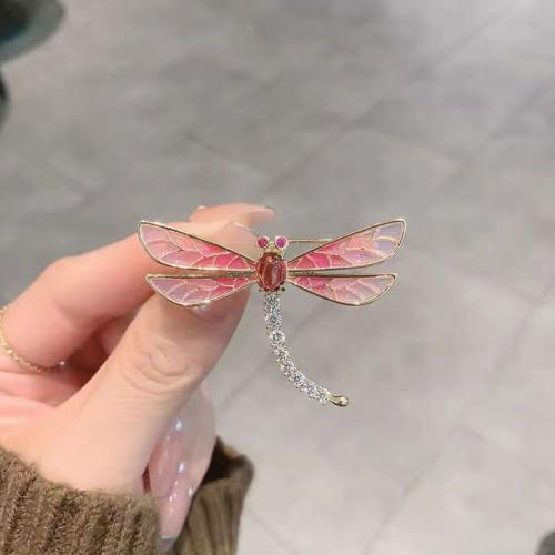 Zinc Alloy Brooches Dragonfly plated for woman & enamel & with rhinestone pink Sold By PC