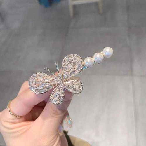 Alligator Hair Clip Zinc Alloy with Plastic Pearl Butterfly plated micro pave cubic zirconia & for woman gold Sold By PC