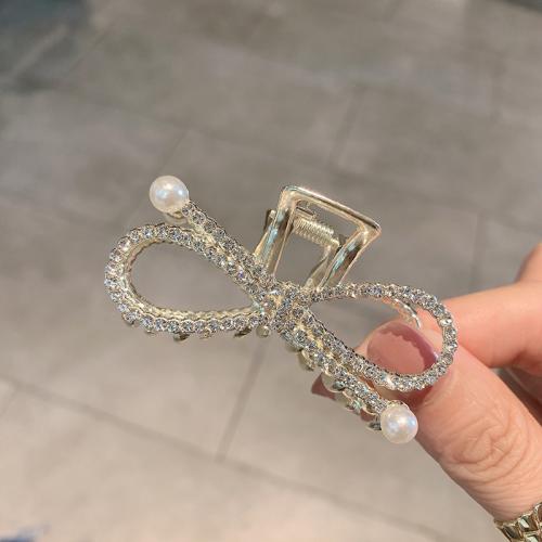 Hair Claw Clips Zinc Alloy with Plastic Pearl Bowknot plated for woman & with rhinestone gold 75mm Sold By PC