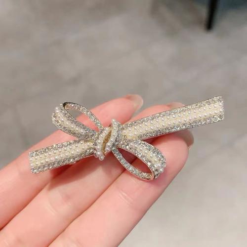 Alligator Hair Clip Zinc Alloy with Plastic Pearl Bowknot plated for woman & with rhinestone gold Sold By PC