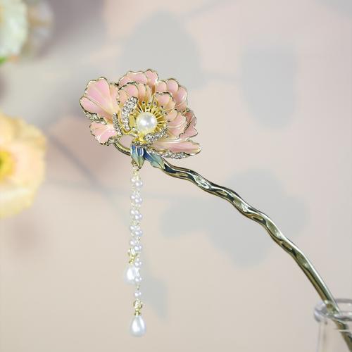 Hair Stick Zinc Alloy with Plastic Pearl petals plated for woman & enamel & with rhinestone pink Sold By PC