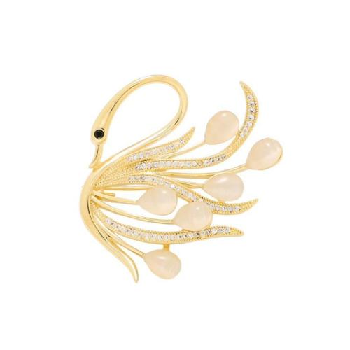 Zinc Alloy Brooches with Cats Eye Swan plated for woman & with rhinestone golden Sold By PC