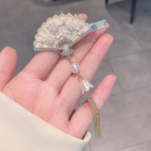 Alligator Hair Clip Zinc Alloy with Plastic Pearl Fan plated for woman & enamel & with rhinestone golden Sold By PC