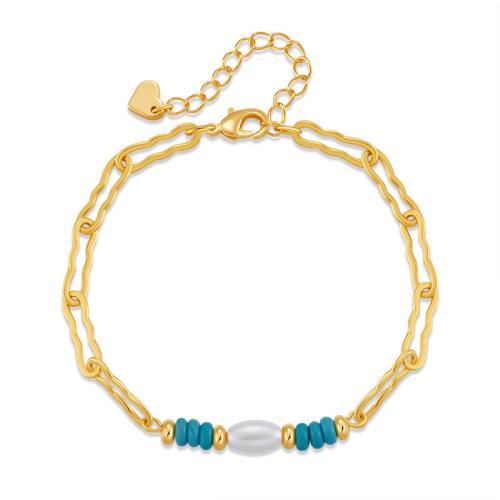 Brass Bracelet & Bangle with Shell Pearl & turquoise plated for woman golden Sold By PC