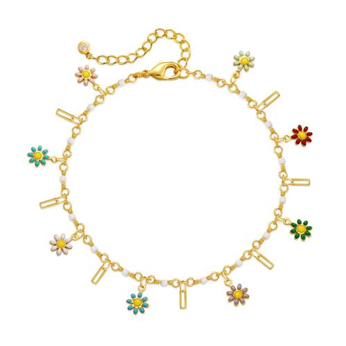 laiton bracelet de cheville, avec 2.36inch chaînes de rallonge, fleur, Placage de couleur d'or, Style bohème & pour femme & émail, Longueur Environ 8.46 pouce, Vendu par PC