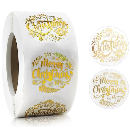 Lijm+Sticker Kerstmis muurstickers, met Koperen Printing Paper, Kerstontwerp & DIY, gouden, 25mm, 500pC's/spool, Verkocht door spool