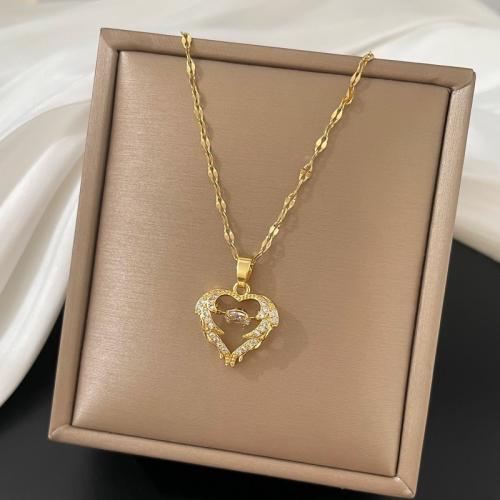 Titanium Steel Necklace Heart plated micro pave cubic zirconia & for woman gold Length Approx 21-50 cm Sold By PC