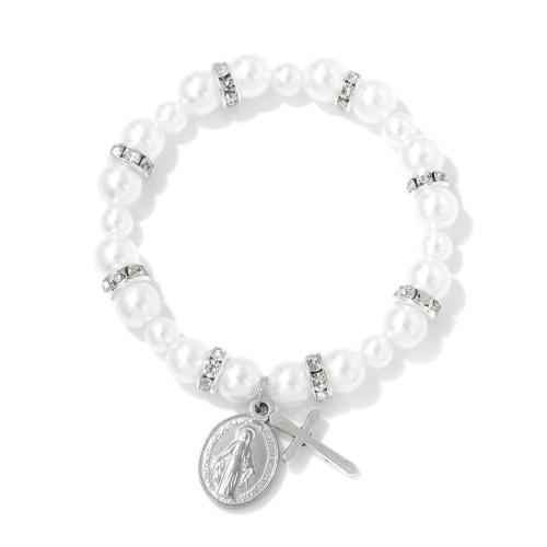 Zinklegering armbandkettingen, Zinc Alloy, met Textiel binnenwerk Cord & Plastic Pearl, handgemaakt, verschillende stijlen voor de keuze & micro pave zirconia & voor vrouw, wit, Verkocht door PC