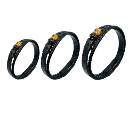 PU Leather Cord Bracelets 304 Stainless Steel with PU Leather & Tiger Eye vintage & for man black Sold By PC