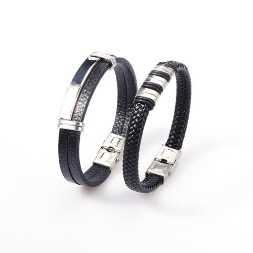 PU Leather Cord Bracelets 304 Stainless Steel with PU Leather vintage  & for man black Sold By PC