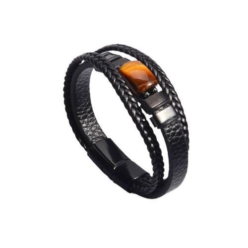 PU Leather Cord Bracelets 304 Stainless Steel with PU Leather & Tiger Eye vintage & for man black Sold By PC