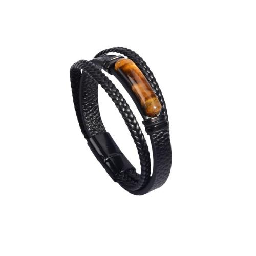 PU Leather Cord Bracelets 304 Stainless Steel with PU Leather & Tiger Eye vintage & for man black Sold By PC