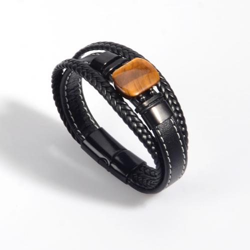 PU Leather Cord Bracelets 304 Stainless Steel with PU Leather & Tiger Eye vintage & for man black Sold By PC